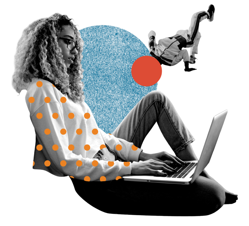 A woman typing on a laptop with a breakdancer in the background