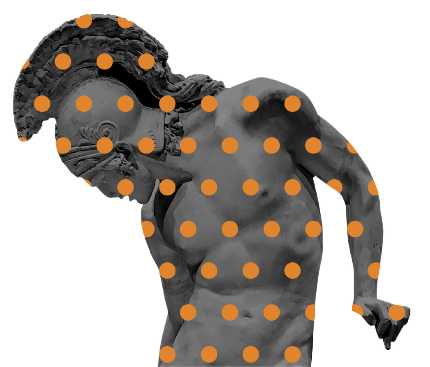 Sculpture of Roman soldier with helmet in collage with square, circle, and triangles